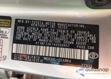 2004 Toyota Camry Le V6 from USA, damaged, VIN 4T1BF32K14U569957